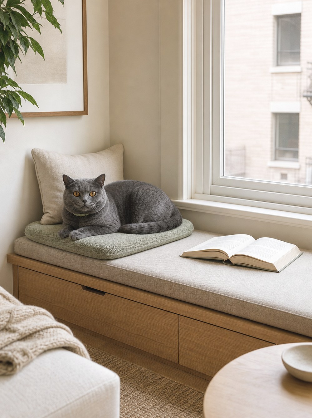 After Window Bench with a Side by Side Pet Cushion