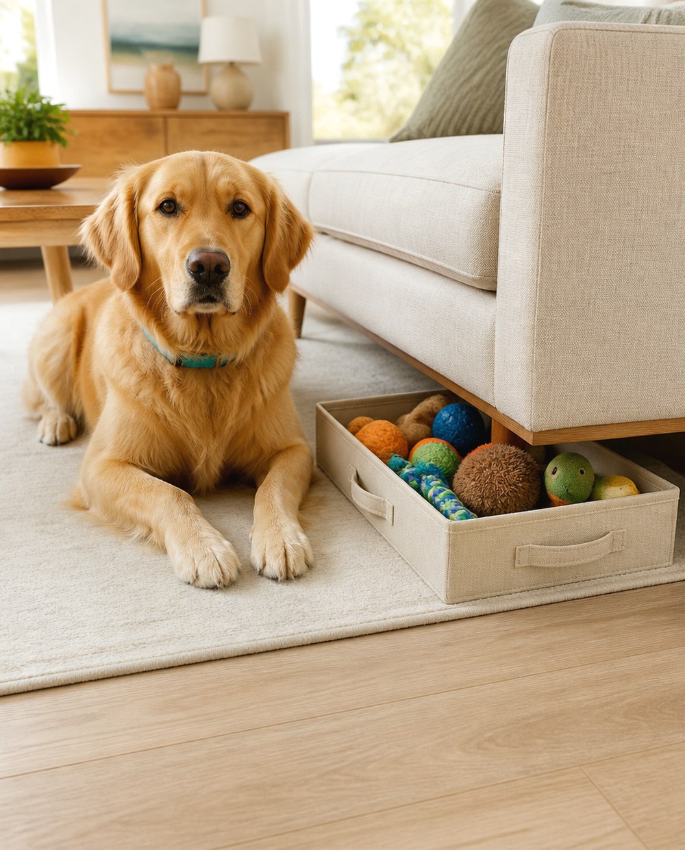 After Slide Shallow Toy Bins Under a Sofa or Bench