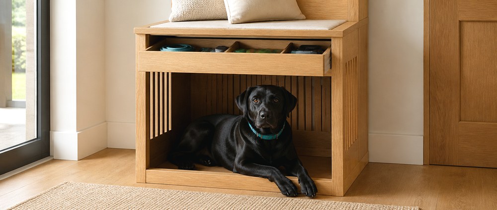 After An Entryway Bench With Hidden Dog Storage Above