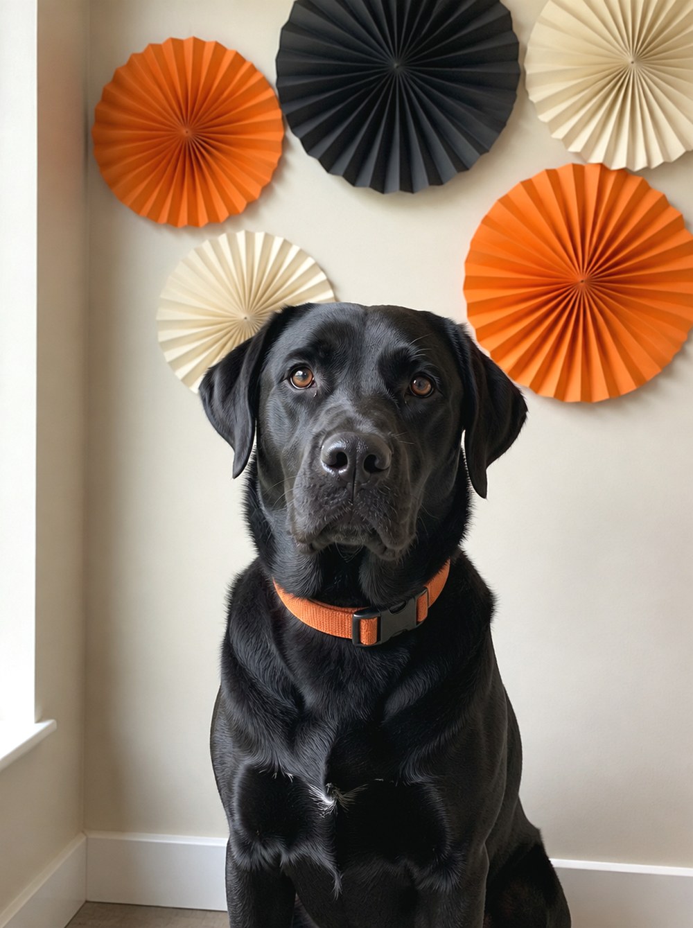 After Frame the Dog With Orange and Black Paper Fans