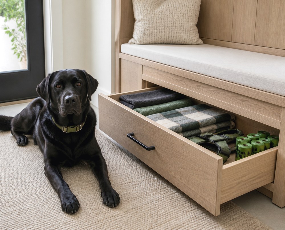 After Hidden Dog Supply Drawer Under a Bench