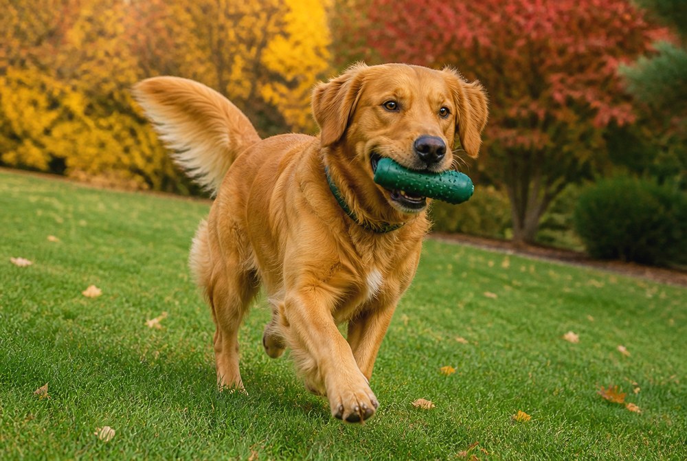 After Photograph Backyard Fetch Against Fall Color