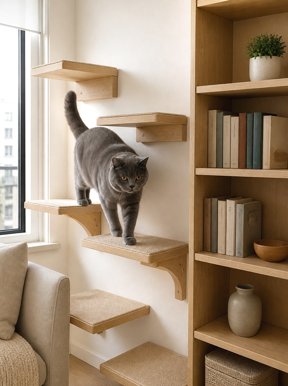 Cat Shelves Mixed Into a Wall Bookcase