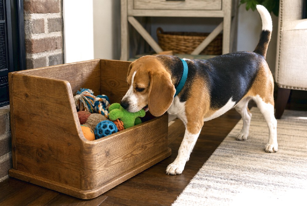 Freestanding Wooden Toy Box with an Open Front Cutout
